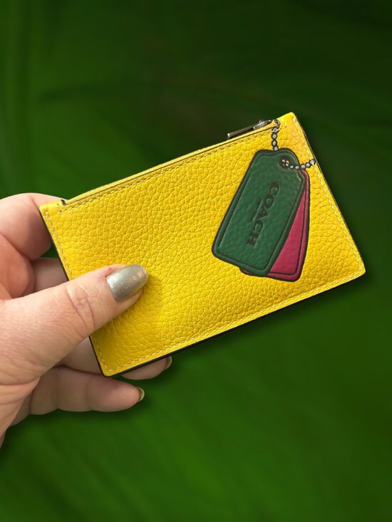 Coach Handbags - Coach Thrompe L'oeil Print Yellow Leather Zip Card Case with Painted Dog Tags
